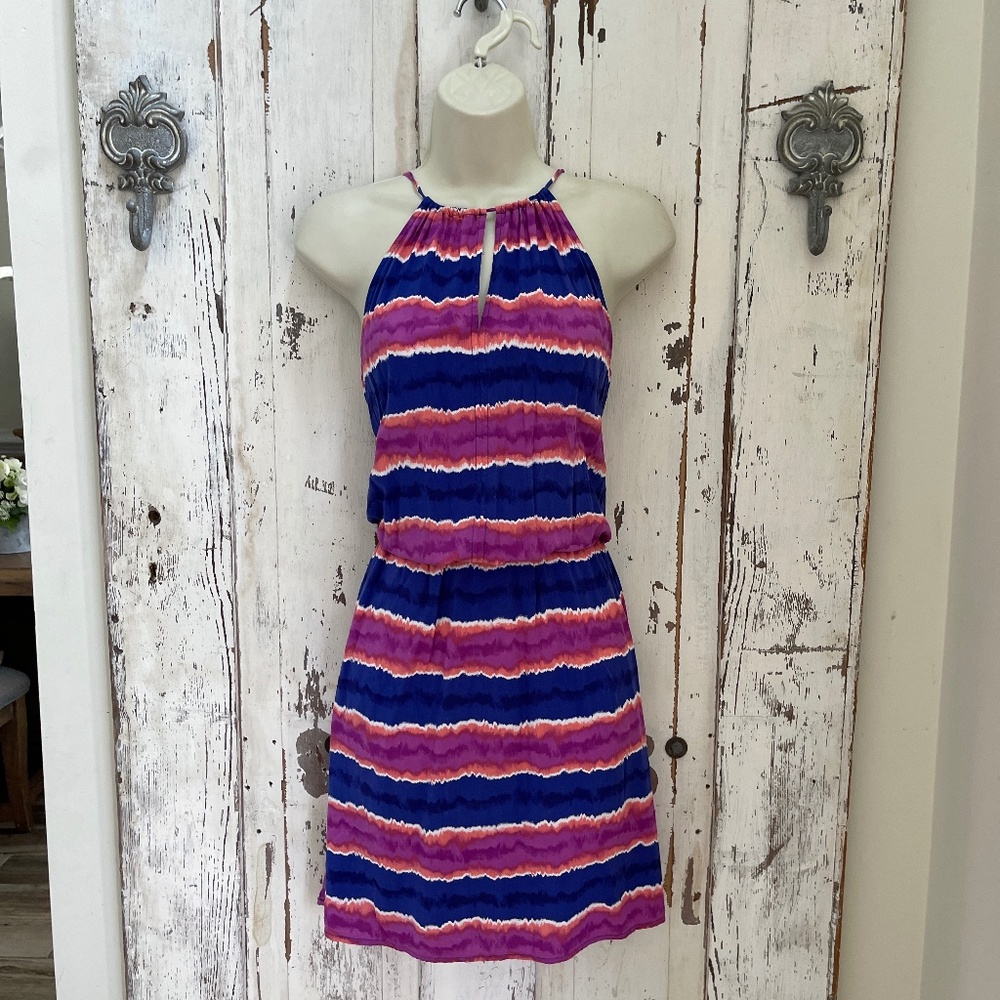 Tommy Bahama Size Small Woman's Blue Pink Coral Purple Striped Pocketed Dress